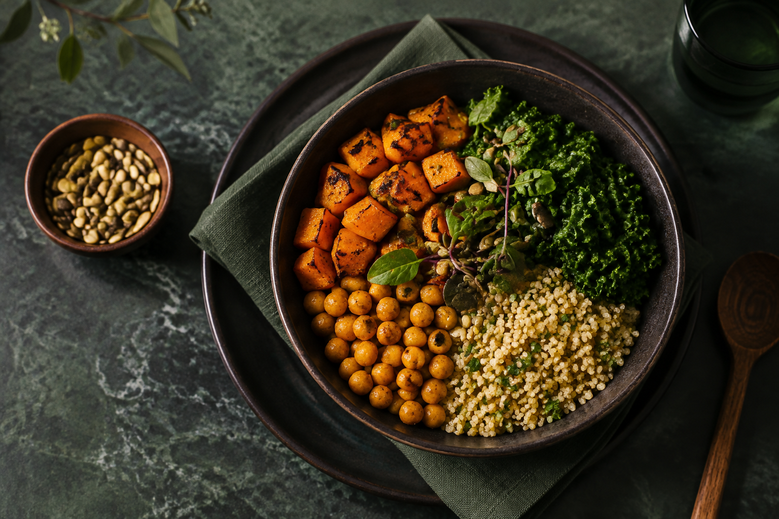 Bowl vegano de grão-de-bico, abóbora e molho verde