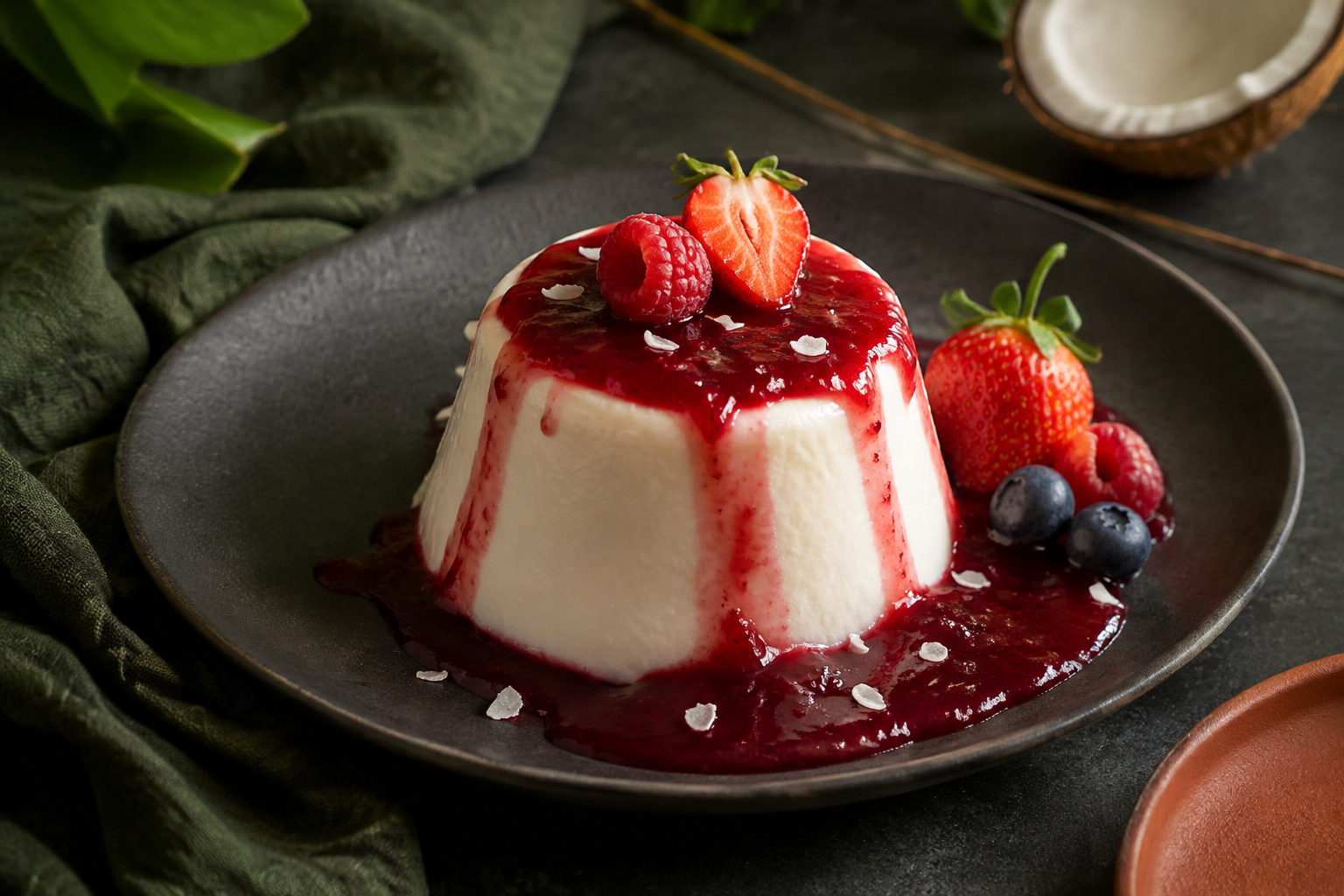 Pudim de coco com frutas vermelhas: vegano e sem glúten
